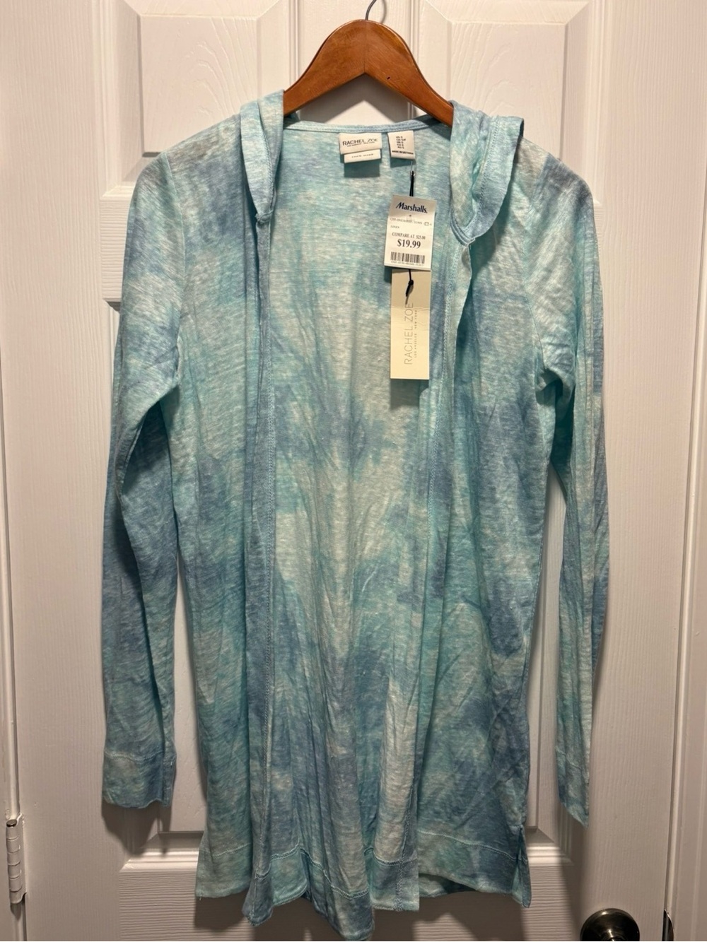 Rachel Zoe Aqua Marbled Hooded Open Cardigan